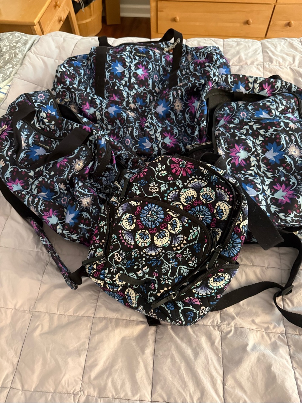 Vera Bradley Black Floral Mosaic Travel Bag Set with Purple & Blue Accents